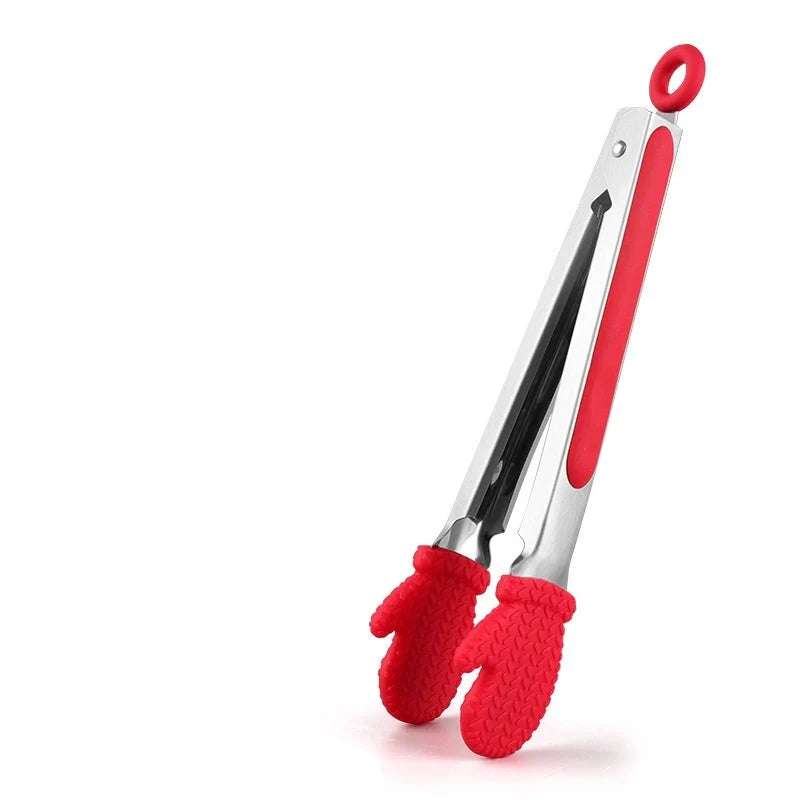 Christmas-themed silicone kitchen tongs set with locking clip for BBQ and bread