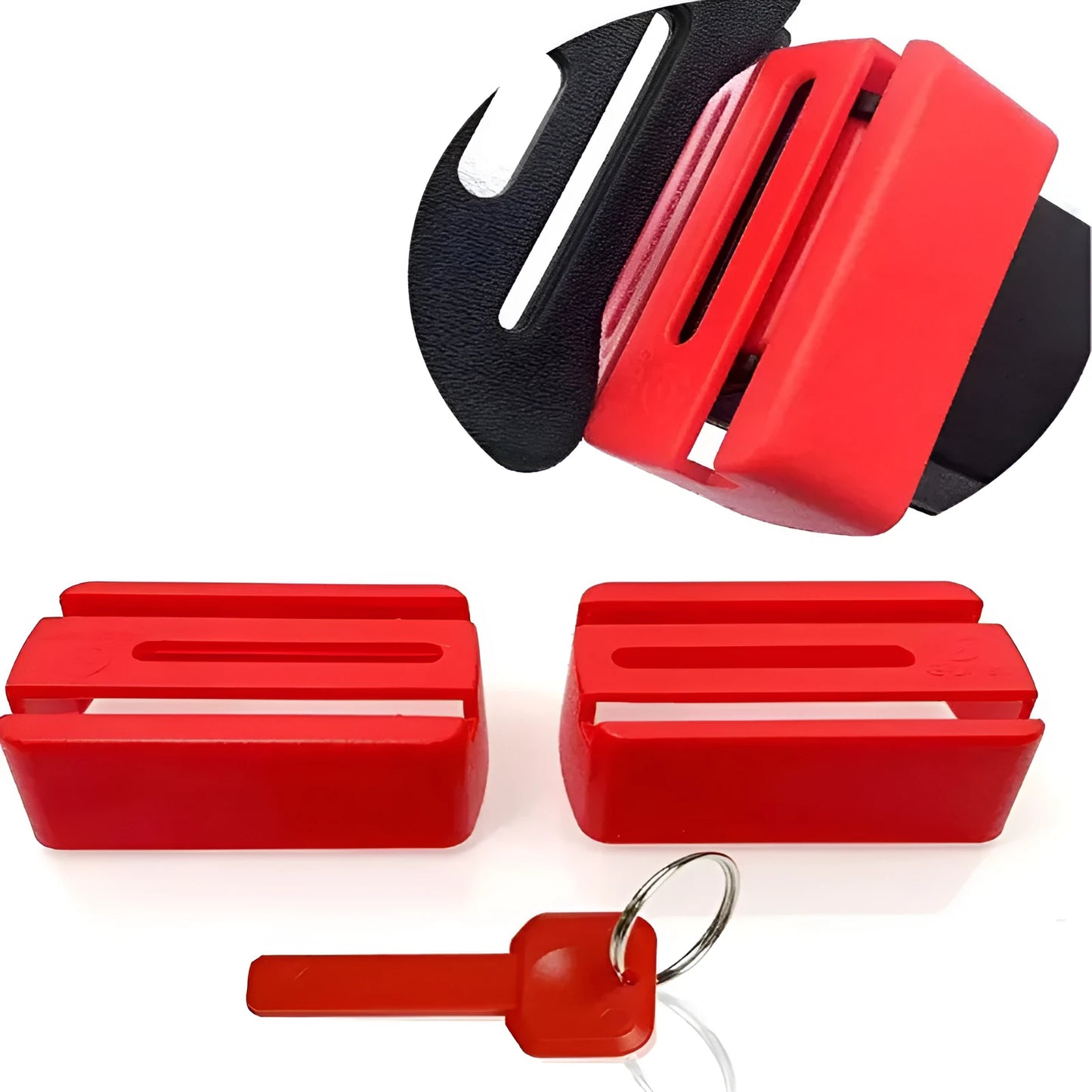 Black plastic seat belt lock clamp device shown on a car seat buckle.