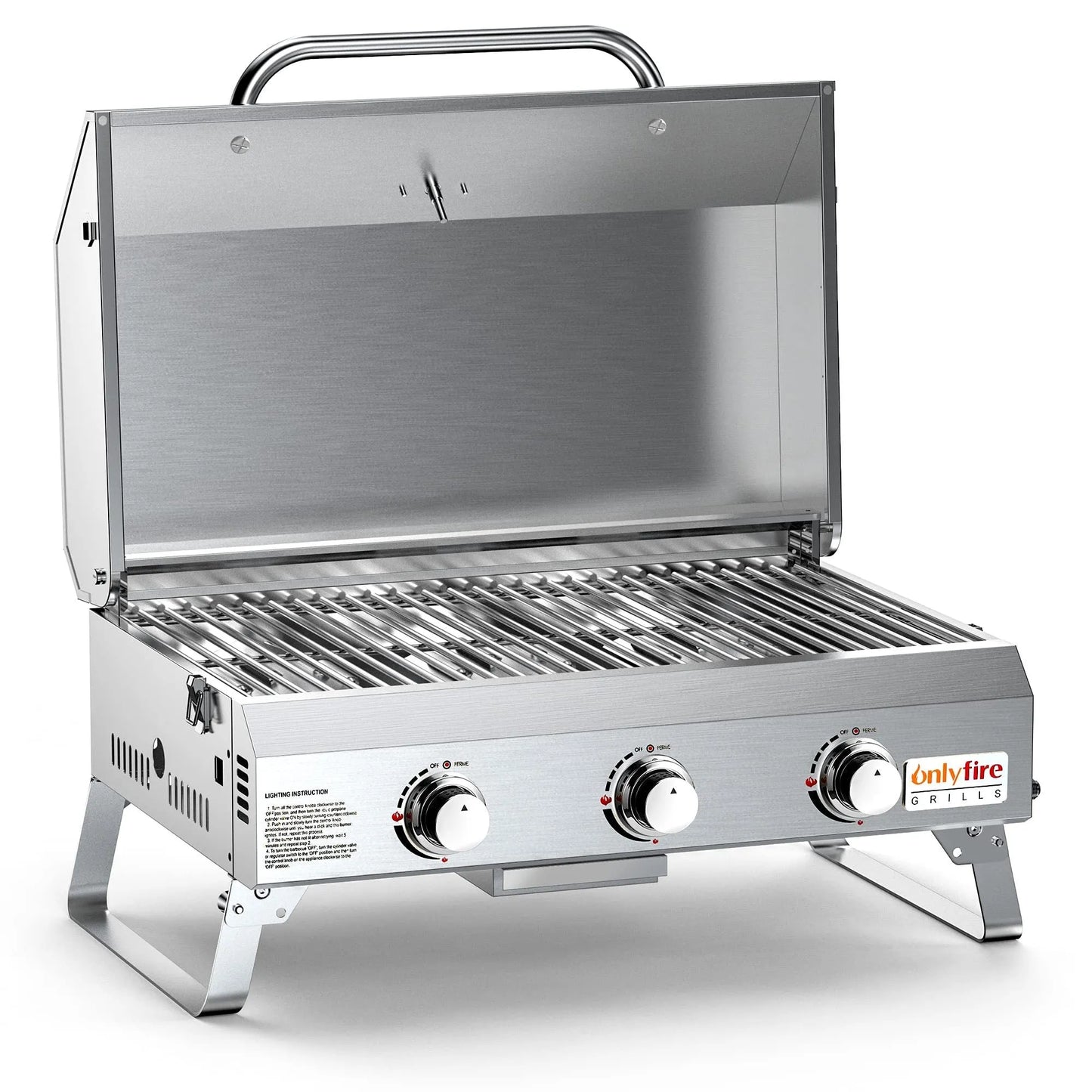 Silver stainless steel desktop gas barbecue grill with 3 burners and foldable legs