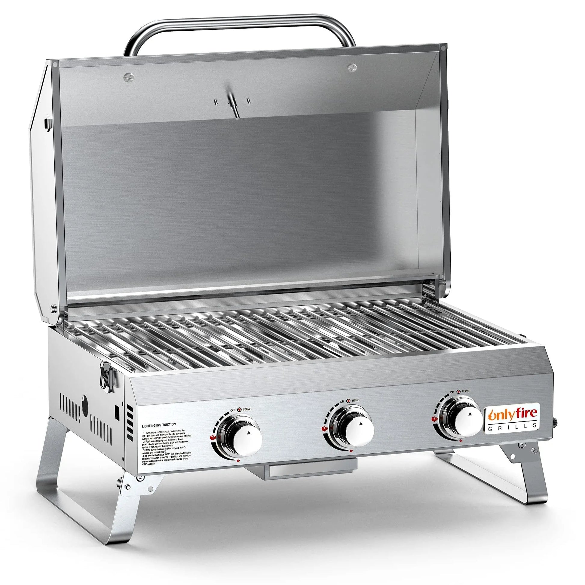 Silver stainless steel desktop gas barbecue grill with 3 burners and foldable legs