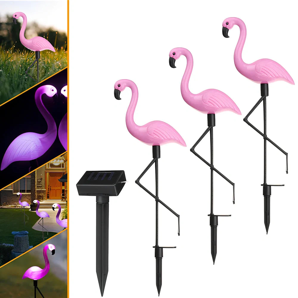 Pink flamingo-shaped solar garden light measuring 52.5cm tall with solar panel top