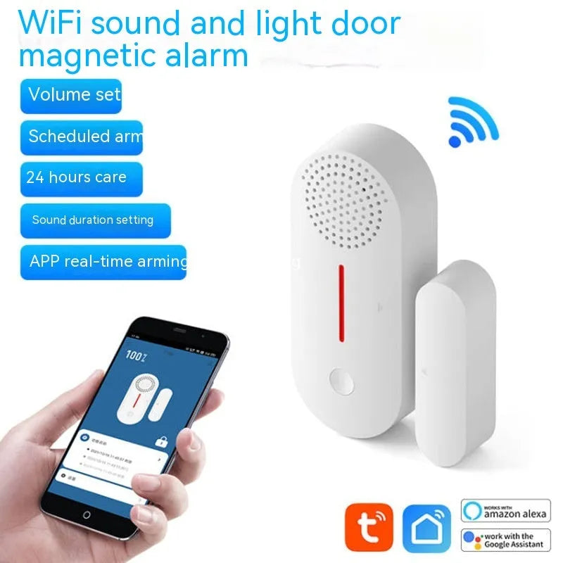 WiFi door magnetic sensor alarm unit for wireless home security with sound and light alerts