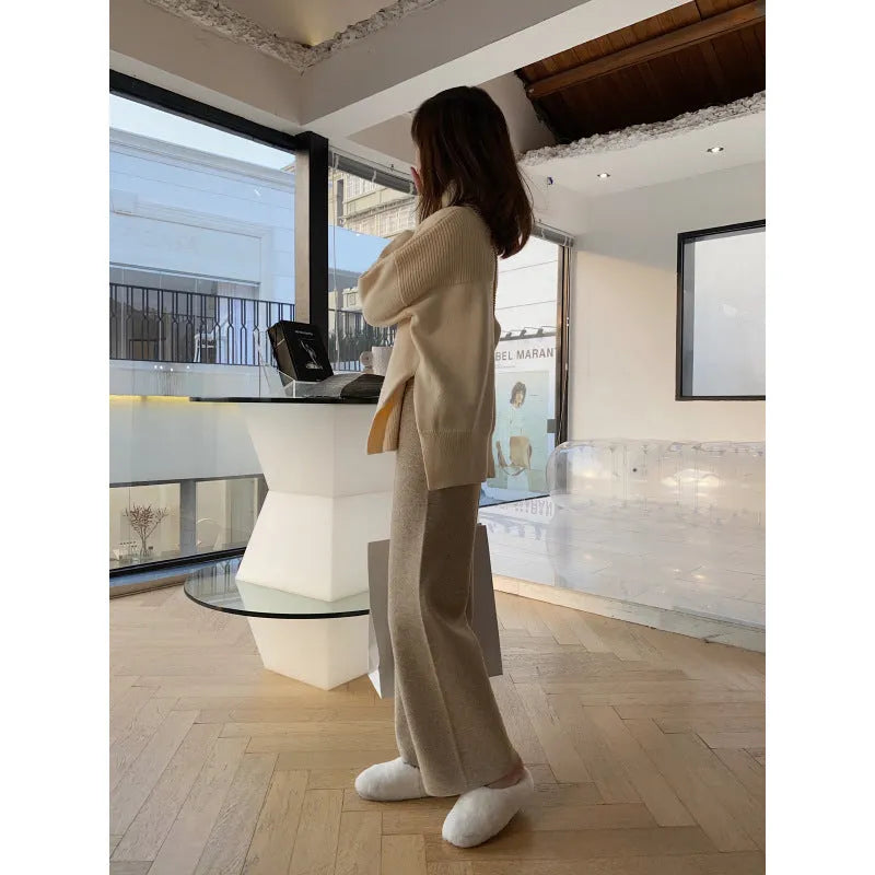 Women's high-waist knitted wide-leg trousers in black with super thick fabric and straight-leg mopping style