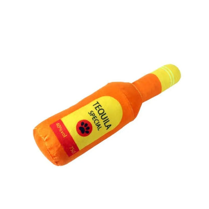 Plush wine bottle pet toy for dogs and cats in six colour variations