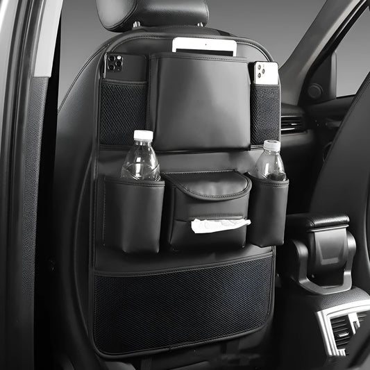 Genuine leather hanging storage bag attached to the back of a car seat in brown.