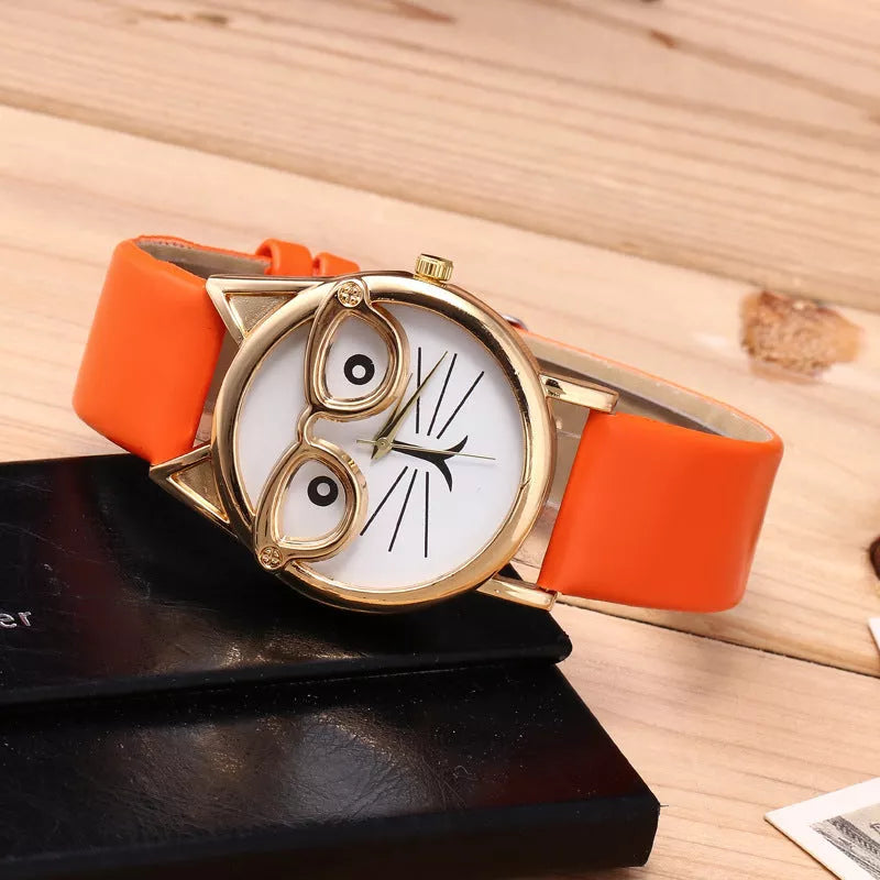 Cat face cartoon children's watch with quartz movement and multiple color options