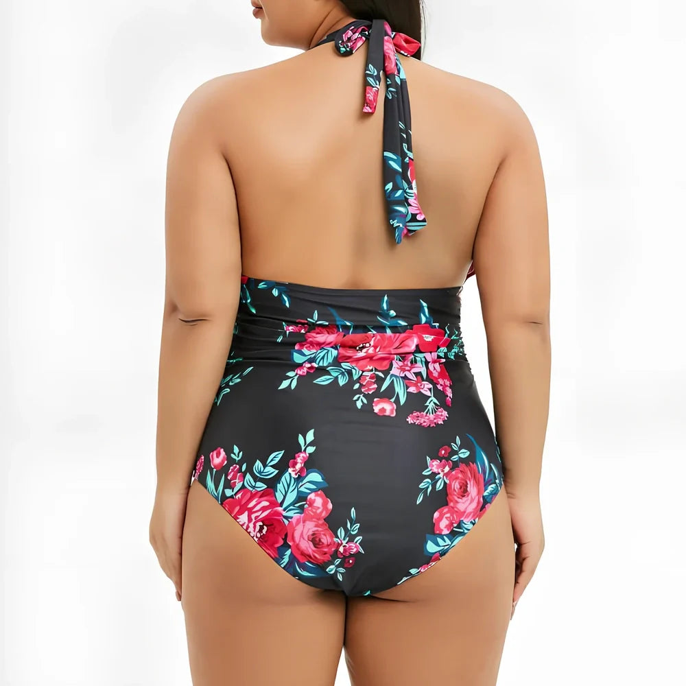Black printed one-piece swimsuit with V-neck and adjustable straps, sizes XL to 5XL