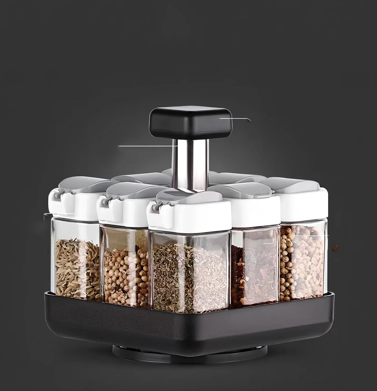 Six clear glass spice jars with natural bamboo lids in stackable configuration