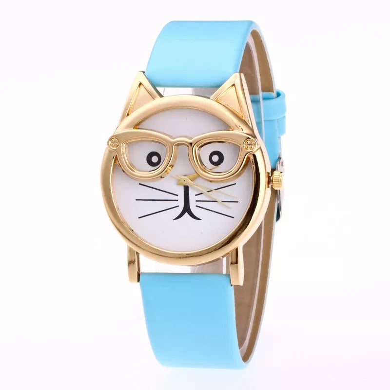 Cat face cartoon children's watch with quartz movement and multiple color options