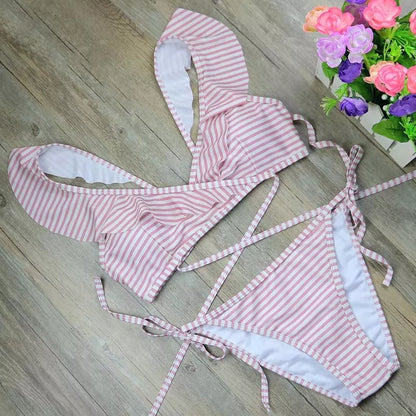 Retro stripe print bikini set with bandage design in pink