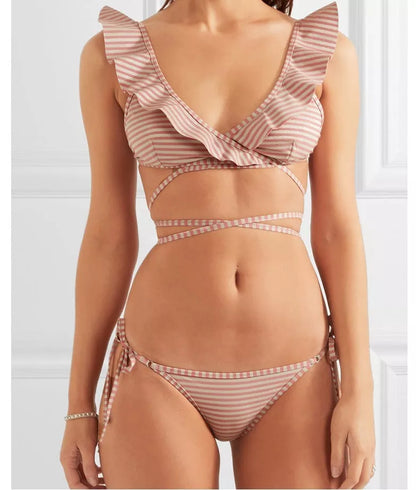 Retro stripe print bikini set with bandage design in pink