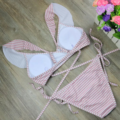 Retro stripe print bikini set with bandage design in pink