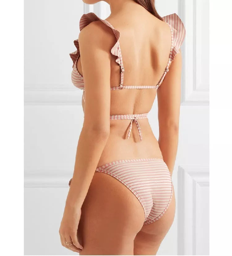 Retro stripe print bikini set with bandage design in pink