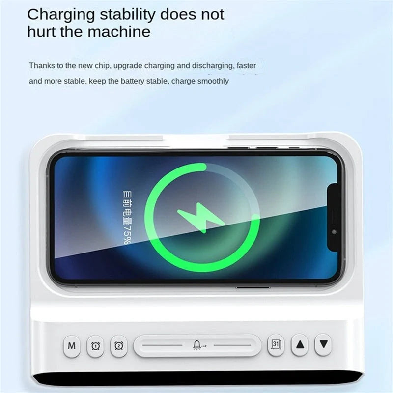 15W Three-in-One Wireless Charger with Alarm Clock and Temperature Tester in black and white