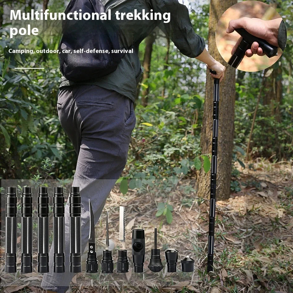 Black aluminium climbing pole with T-handle extended to 145cm beside camouflage storage bag