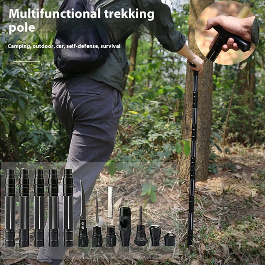 Black aluminium climbing pole with T-handle extended to 145cm beside camouflage storage bag