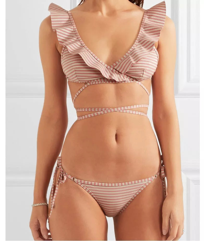 Retro stripe print bikini set with bandage design in pink