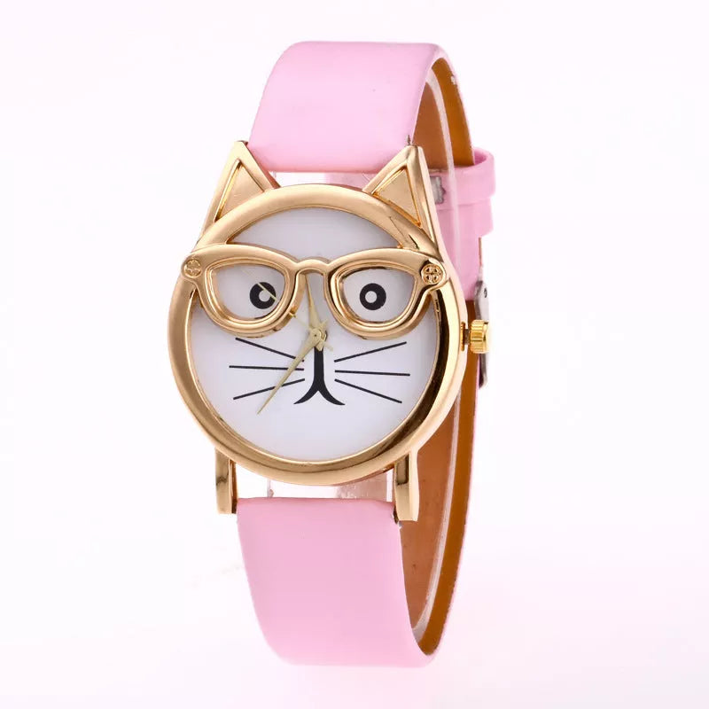 Cat face cartoon children's watch with quartz movement and multiple color options