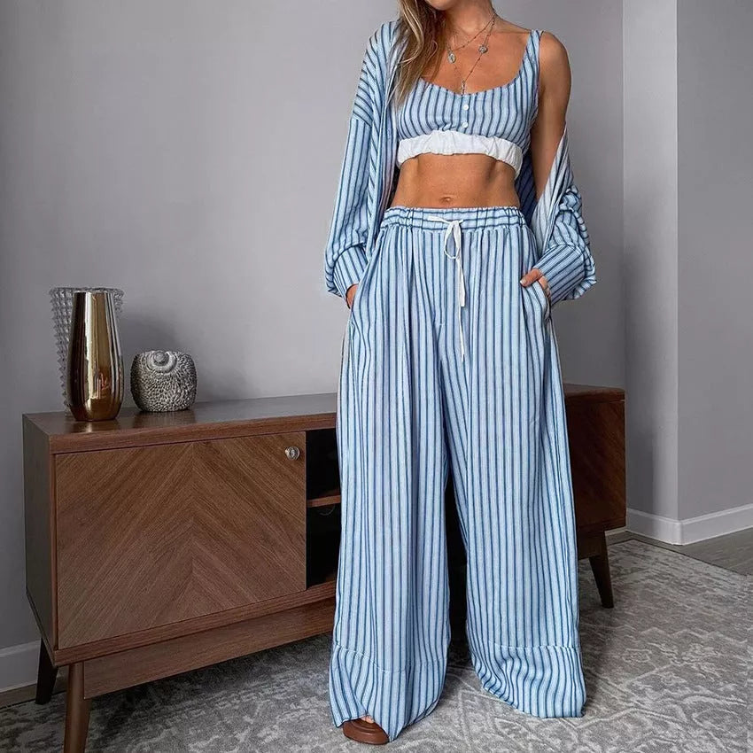 Women's Y2K aesthetic 3 piece suit with striped tank top and elastic waist trousers