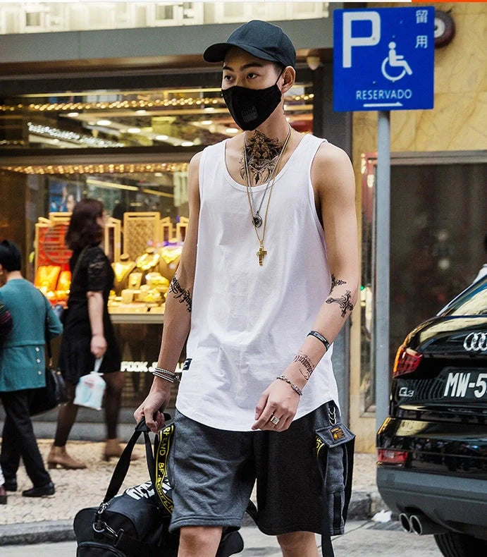 Men's cotton sleeveless scoop tank top with printed logo in various colors