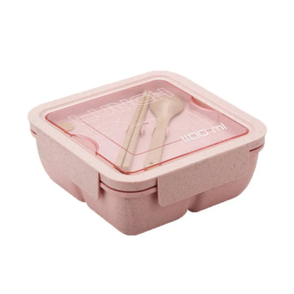 Japanese-style microwave-separated bento box in pink, green, and beige with spoon and chopsticks