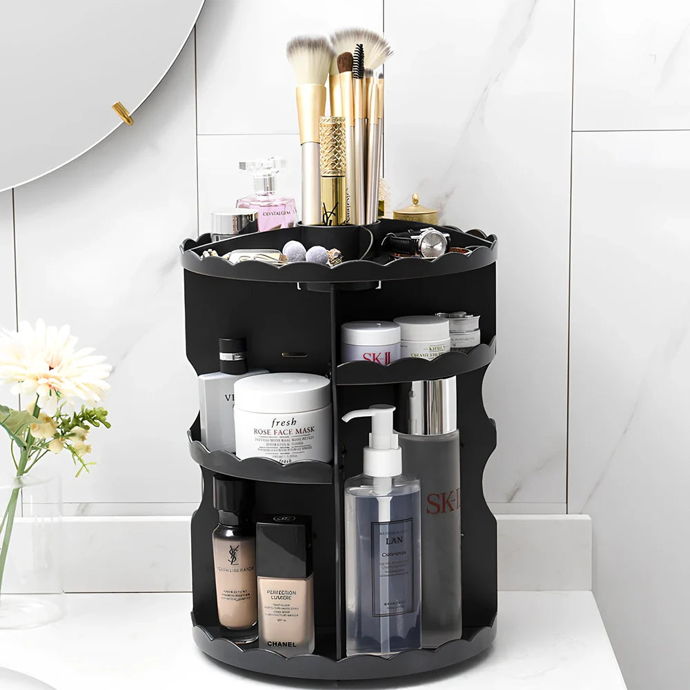 Rotating cosmetics organiser with 360-degree mechanism measuring 23 x 30.5cm in plastic construction