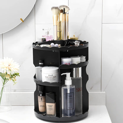 Rotating cosmetics organiser with 360-degree mechanism measuring 23 x 30.5cm in plastic construction