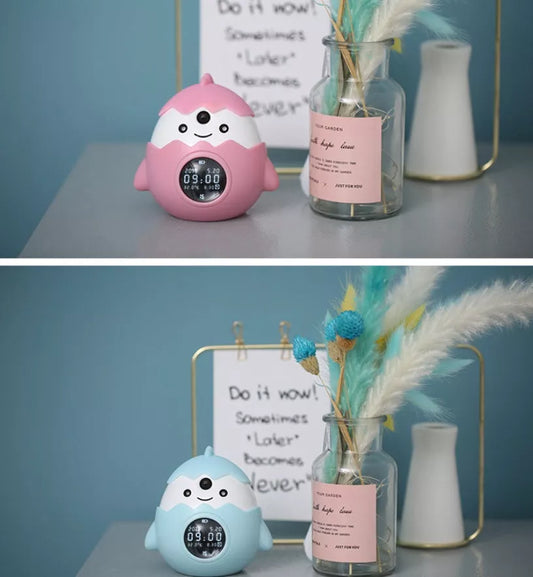 Smart alarm clock with anti-myopia feature and infrared sensing in blue and pink options