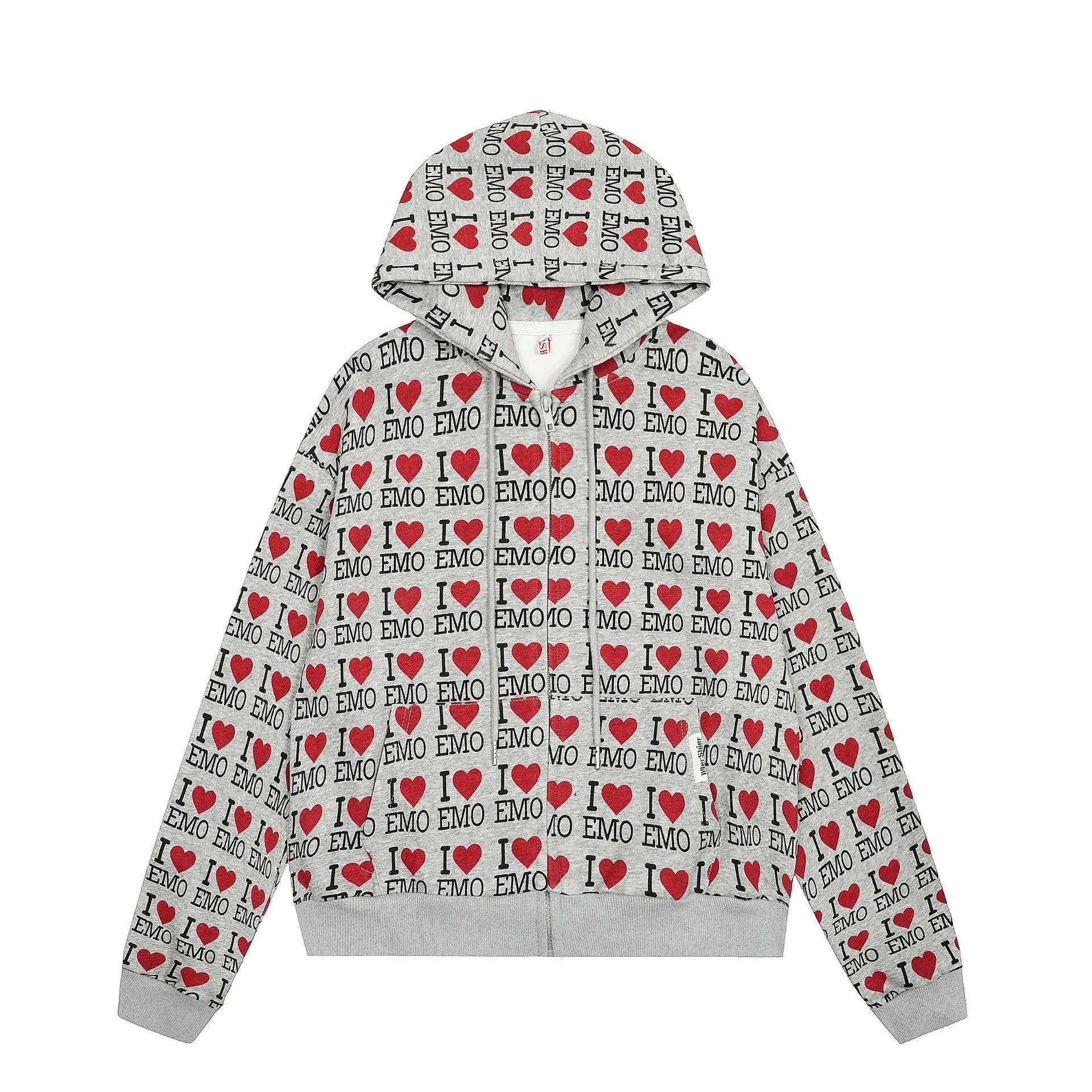 Women's grey retro pattern hooded cotton cardigan with long sleeves for autumn street fashion