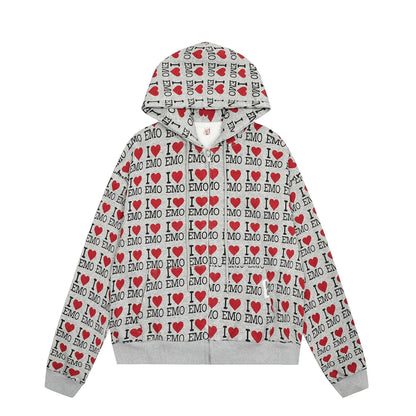 Women's grey retro pattern hooded cotton cardigan with long sleeves for autumn street fashion