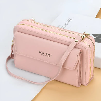 Ladies long wallet double zipper messenger bag in soft PU leather, shown in available colours