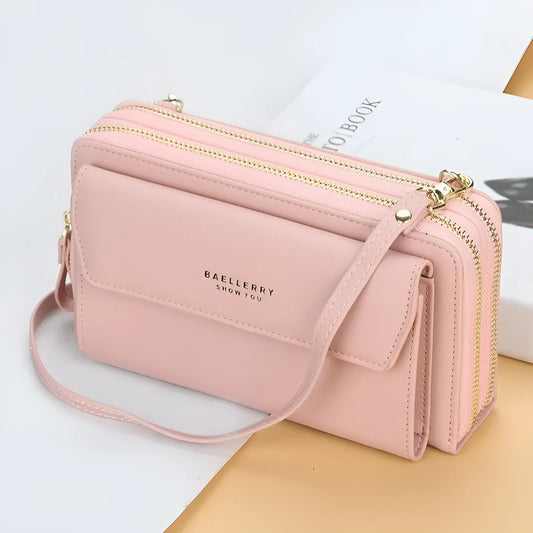 Ladies long wallet double zipper messenger bag in soft PU leather, shown in available colours