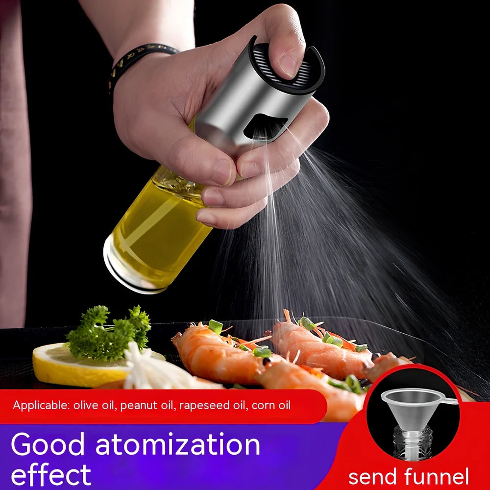 Clear glass kitchen oil dispenser, 100ml capacity, with stainless steel automatic nozzle and funnel, straight modern design