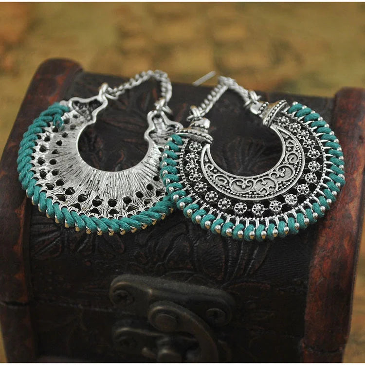 Bohemian Vintage Hand-Woven Rope Earrings with hollow-carved meniscus flower basket design