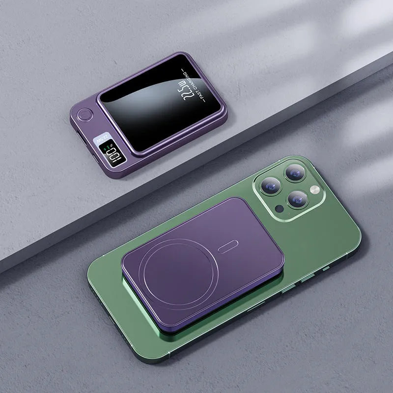 Magnetic wireless power bank for MagSafe iPhones in black, white, purple or green with fast charging capability