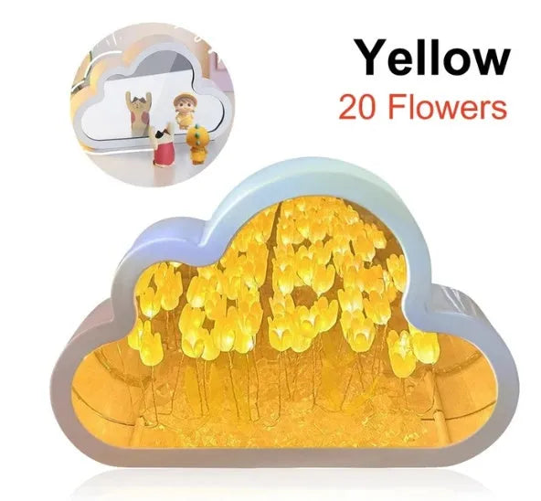 DIY tulip-shaped night lamp kit with LED lights and mirror surface in assorted colours on a desk.