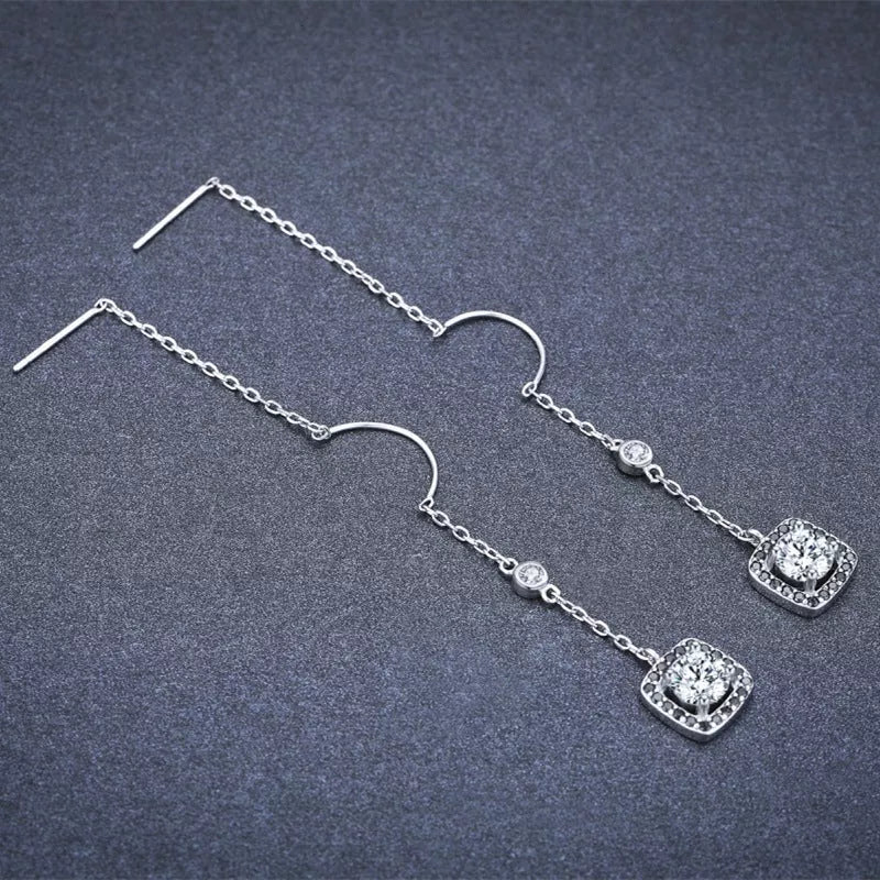 Long copper-plated zircon earrings with black lines and sparkling stones