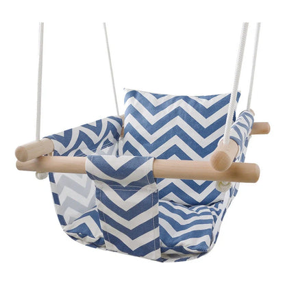 Infant Hanging Chair with blue and white canvas, adjustable ropes, and detachable cushion