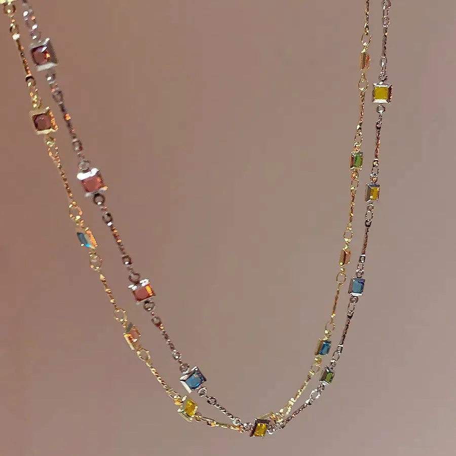 Square colour geometric clavicle chain necklace with artificial crystal pendant