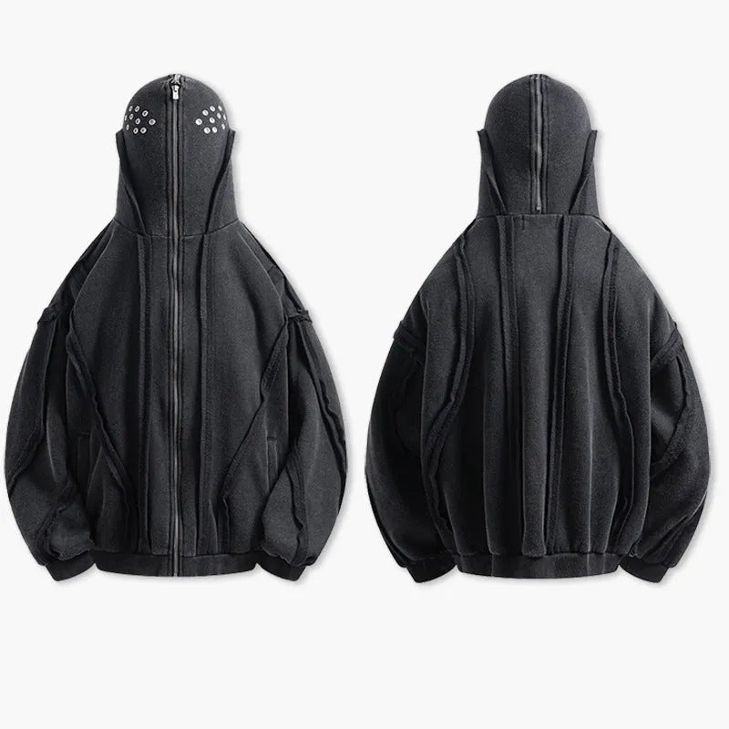 Black loose zip hooded cardigan with abstract pattern and padding for autumn wear