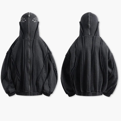 Black loose zip hooded cardigan with abstract pattern and padding for autumn wear