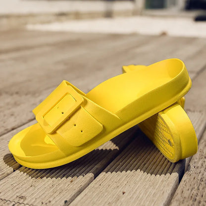 Women's grey blue flip-flop slippers with adjustable buckle and 1.5cm EVA sole