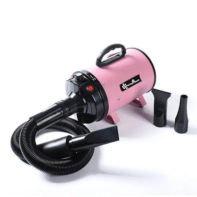 High-powered pet hair dryer with adjustable speed and temperature settings for quick and quiet drying of large dogs and cats