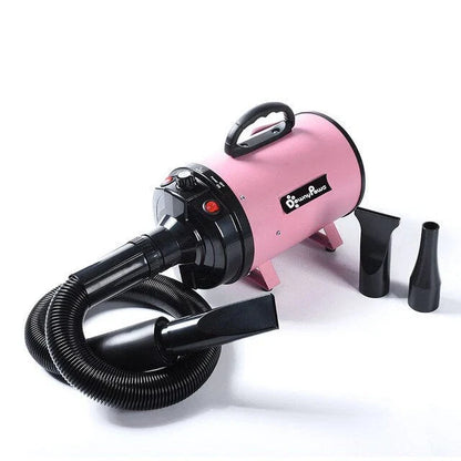 High-powered pet hair dryer with adjustable speed and temperature settings for quick and quiet drying of large dogs and cats