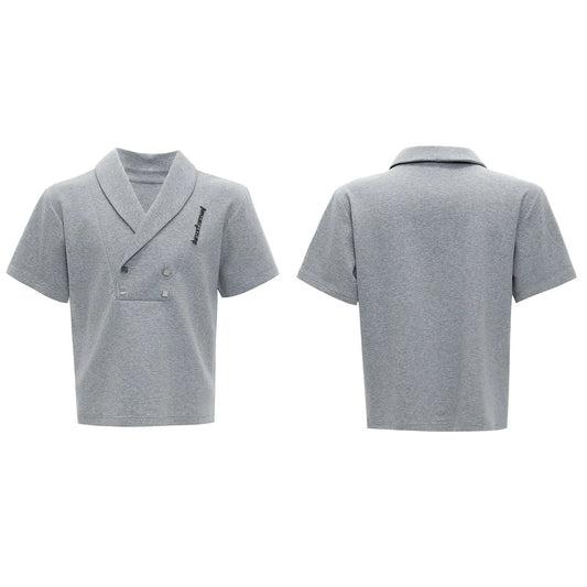 Men's dark grey V-neck sports suit with padded shoulders, metal embellishments, short sleeve jacket, and matching shorts