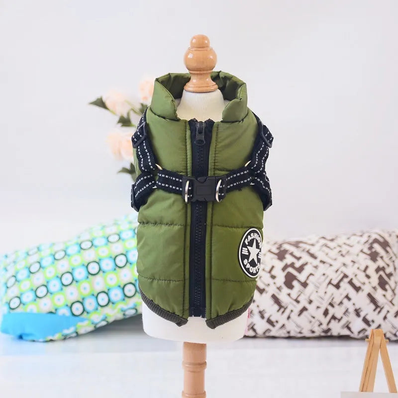 Waterproof dog coat with integrated harness in red colour, sized for medium dog breeds
