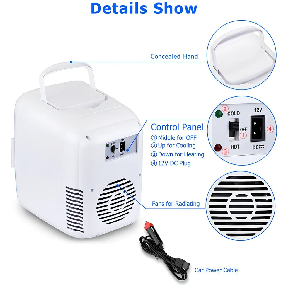 Blue 4L car refrigerator with handle showing dimensions and cigarette lighter plug