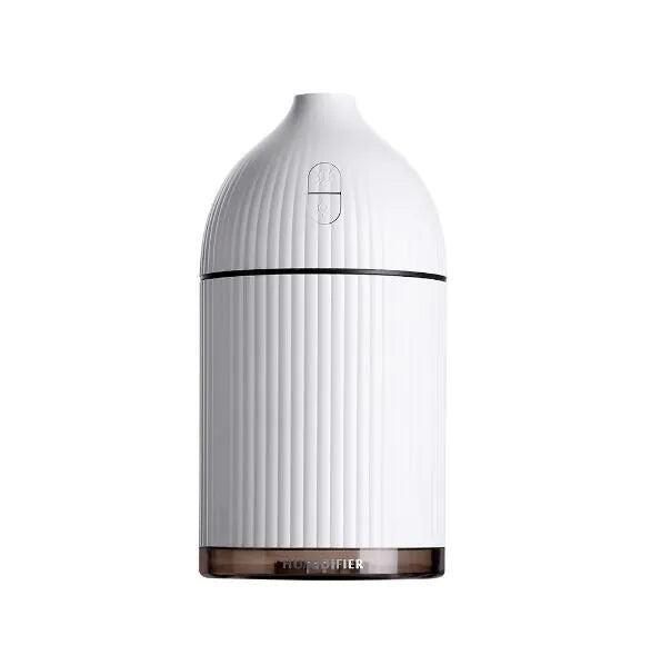 USB ultrasonic aromatherapy diffuser air humidifier and mist maker with 300ml water bottle capacity, LED colour-changing light, and multiple spray volume settings for home use, available in white, pink, yellow, or green.