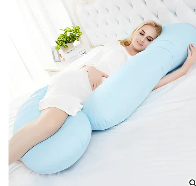Blue J-shaped maternity pillow measuring 165cm with removable cotton cover for pregnancy support