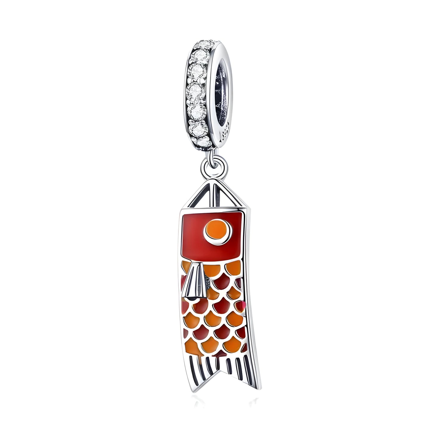 S925 sterling silver carp streamer pendant with zircon accents measuring 28mm tall